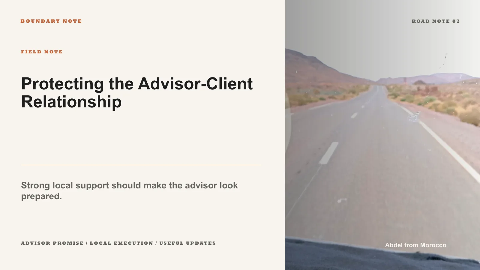 Infographic showing how a Morocco ground partner protects the advisor-client relationship.