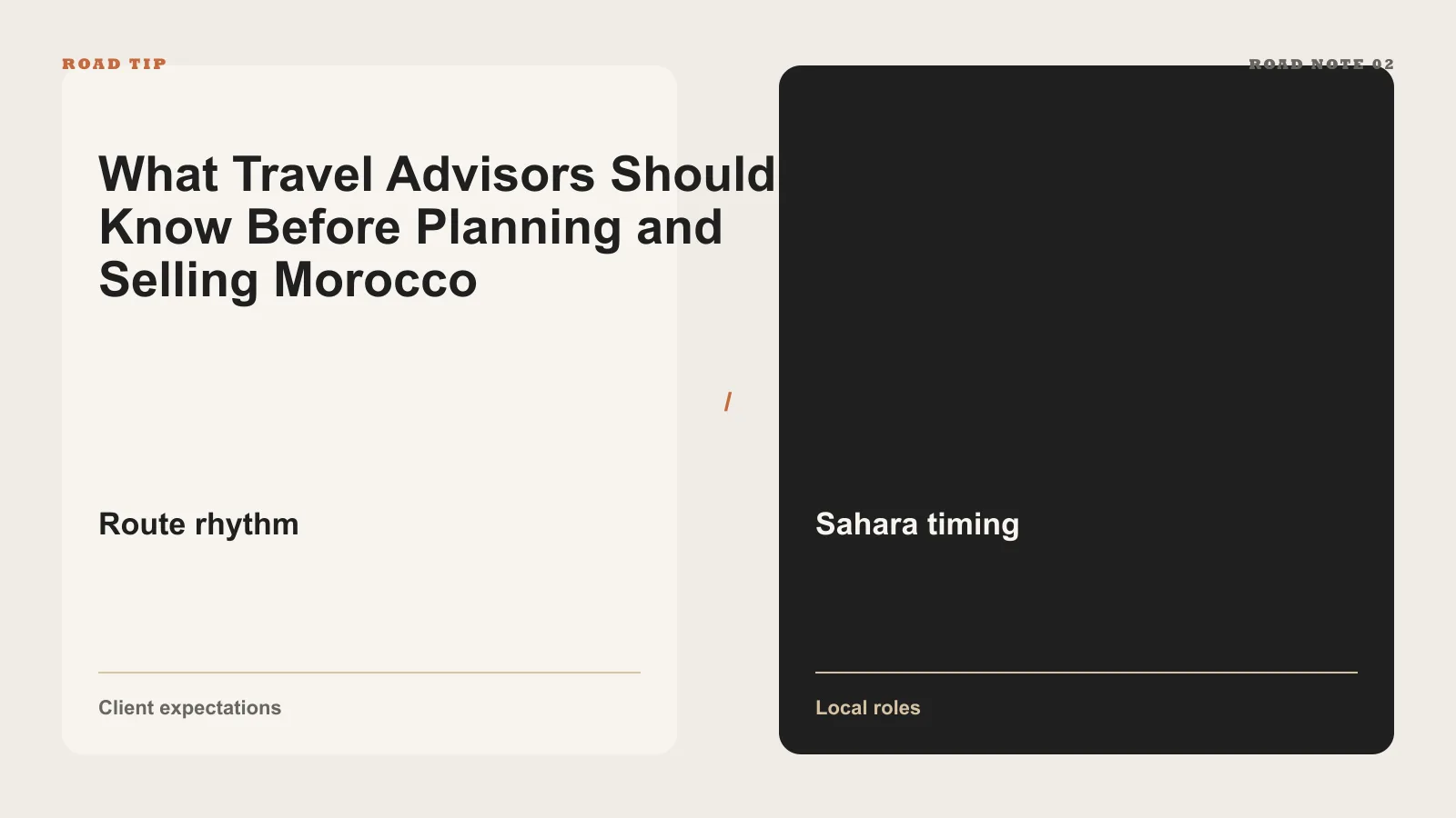Advisor field guide infographic for checking Morocco route logic before selling a proposal.
